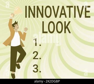 Affiche affichant un look innovant. Approche d'affaires la qualité d'une idée qui est nouveau et différent Trending Gentleman Jumping excitly tenant Trophée montrant des réalisations. Banque D'Images