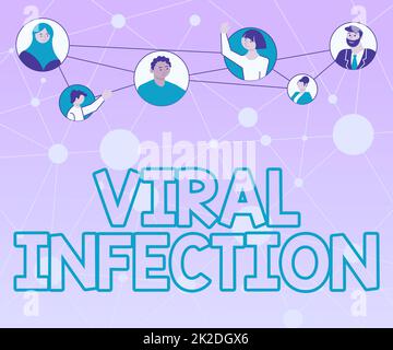 Panneau présentant une infection virale. Concept d'entreprise infection virale différentes personnes dans les cercles discutant ensemble et les médias sociaux connectés. Banque D'Images