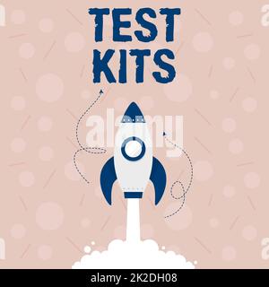 Inspiration montrant des kits de test de signe. Mot pour les outils utilisés pour détecter la présence de quelque chose dans le corps Illustration de Rocket Ship lancement rapide jusqu'à l'espace extérieur. Banque D'Images