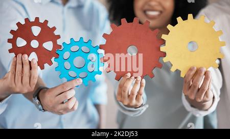 Problem solving business people with integration sign for teamwork, collaboration and connection while working together. Corporate worker group with Stock Photo