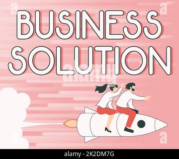 Affiche textuelle indiquant Business solution. Mot pour les services qui comprennent la planification stratégique et l'évaluation Illustration de Happy Partners Riding on Rocket Ship Exploring World. Banque D'Images