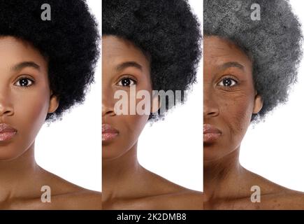 Comparaison des jeunes et des personnes âgées. Femme africaine sur fond blanc. Banque D'Images