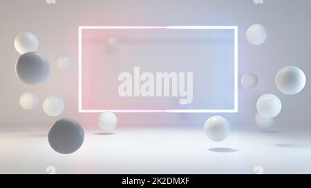 Zone d'affichage du produit avec des formes de globe et un rendu de néon rectangulaire 3D Banque D'Images