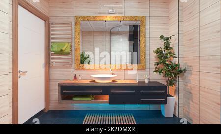 Salle de bains moderne Design avec bois effet céramique concept 3D rendu Banque D'Images