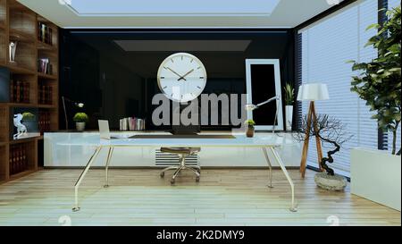 Concept de bureau moderne avec table, montre, plancher, étagère et lampe de table, livres, usine, parquet et fond de réflexion noir idée de conception 3D rendu Banque D'Images