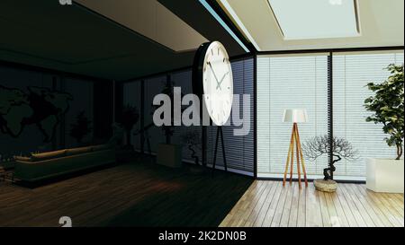 Concept de bureau moderne avec parquet et mur de reflet noir, grande montre design idée 3D rendu Banque D'Images