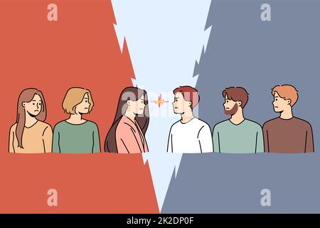 Les hommes et les femmes déterminés se tiennent à l'opposé de regarder dans les yeux Banque D'Images