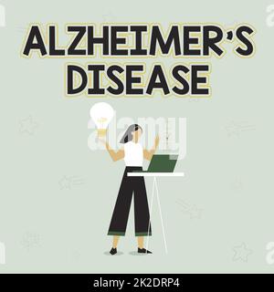 Signe affichant la maladie d'Alzheimer. Vitrine d'affaires détérioration mentale avancée qui se produisent dans la vieillesse Illustration de fille utilisant l'ordinateur portable avoir des idées et faire liste de contrôle. Banque D'Images