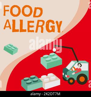 Légende conceptuelle allergie alimentaire. Approche commerciale réaction du système immunitaire qui se produit après avoir mangé un certain homme en grue se déplaçant autour des blocs présentant de nouvelles idées. Banque D'Images