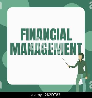 Légende conceptuelle gestion financière. Concept signifiant un moyen efficace et efficace de gérer l'argent et les fonds Lady tient le carnet tout en pointant Stick dans blanc blanc vierge. Banque D'Images
