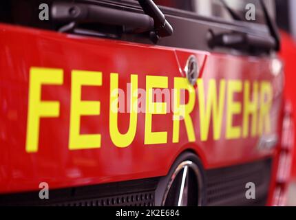 Karlsruhe, Germany. 19th July, 2022. At the Competence Center Aerial Rescue of the fire equipment manufacturer Rosenbauer, the lettering Fire Brigade is attached to a fire truck. The Austrian company Rosenbauer is one of the world's largest manufacturers of fire fighting vehicles. Credit: Uli Deck/dpa/Alamy Live News Stock Photo