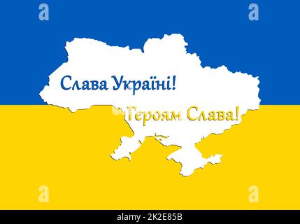 Drapeau Natioanl et carte territoire de l'Ukraine avec texte patriotique ukrainien. Etat indépendant, couleur d'état, jaune-bleu ukrainien. La tension de la guerre. Aimez votre pays, défendez votre pays. Banque D'Images