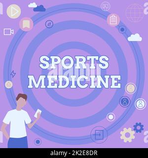 Légende conceptuelle médecine du sport. Concept signification traitement et prévention des blessures liées à l'homme d'affaires sportif pensée novatrice des idées de direction vers un avenir stable. Banque D'Images