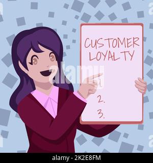 Légende présentant la fidélité client. Internet concept résultat de l'expérience émotionnelle toujours positive Business Woman dessin tenue blanc Tableau présentant annonces Banque D'Images