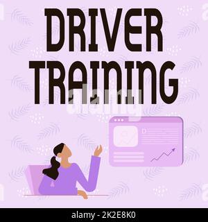 Affiche indiquant la formation des conducteurs. Word Writed on prépare un nouveau conducteur à obtenir un conducteur est un permis de dessin de ligne pour Lady assis présentant de nouvelles idées avec l'écran de navigateur Web Banque D'Images