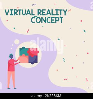 Concept d'affichage de la réalité virtuelle. Mot écrit sur Virtual Reality concept Homme dessin Standing Fitting quatre pièces de puzzle Jigsaw. Banque D'Images