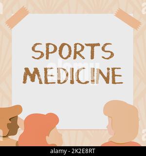 Affiche montrant la médecine du sport. Mot pour le traitement et la prévention des blessures liées au sport membres de l'équipe à la réflexion sur tableau blanc de nouvelles solutions Banque D'Images