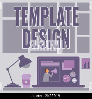 Affiche de texte indiquant la conception du modèle. Idée d'entreprise un plan d'ensemble ou un plan avec un format à utiliser ordinateur portable sur Une table à côté de tasse à café et lampe de bureau montrant le processus de travail. Banque D'Images