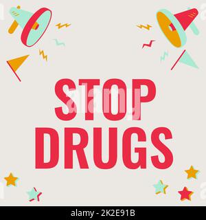 Légende conceptuelle Stop Drugs. Le concept d'Internet met fin à la dépendance à l'égard de substances telles que l'héroïne ou la cocaïne paire de mégaphone dessin produisant des thounders faire une annonce. Banque D'Images