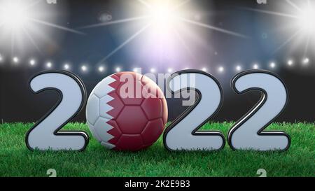 Illustration football 2022. Ballon de football aux couleurs du drapeau qatari. Stade fond lumineux. 3D image Banque D'Images