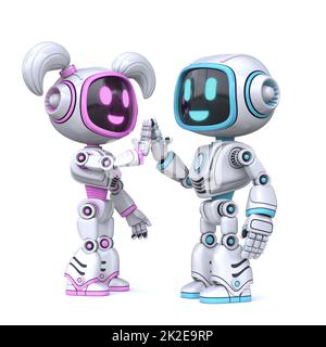 Mignonne rose fille et bleu garçon robots donnant un haut cinq 3D Banque D'Images