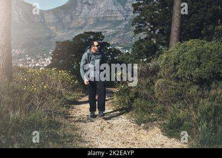 Je jure que je viens d'entendre quelque chose bouger dans les buissons. Photo en longueur d'un homme d'âge moyen en randonnée dans les montagnes. Banque D'Images