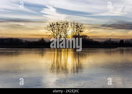 Coucher de soleil sur le lac gelé et les arbres Banque D'Images