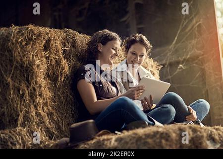 Cette batterie fonctionne en wi-fi. Photo de deux agricultrices utilisant une tablette ensemble tout en se relaxant sur une balle de foin dans une grange. Banque D'Images