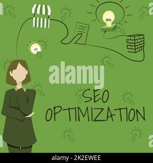 Texte montrant inspiration Seo Optimization. Processus conceptuel de photo d'affecter la visibilité en ligne de site Web ou de page femme pensée novatrice vers un avenir stable. Banque D'Images