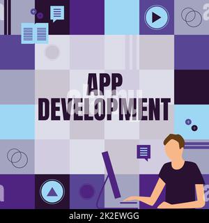 Affiche affichant App Development. Business concept Services de développement pour des expériences mobiles et Web impressionnantes homme d'affaires pensée innovante leader des idées vers un avenir stable. Banque D'Images