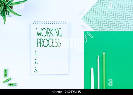 Affiche indiquant le processus de travail. Mot écrit sur le processus de travail plusieurs articles de bureau de collection assortis photo placée sur la table Banque D'Images