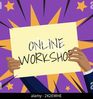 Atelier en ligne sur l'écriture manuscrite. Concept signification montre des biens et des marchandises sur les sites Web électroniques mains tenant le papier montrant de nouvelles idées entourées avec des étoiles. Banque D'Images