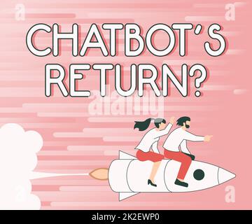 Texte montrant l'inspiration Chatbot s is Return question. Mot pour le programme qui communiquent utiliser l'interface de texte et ai Illustration de Happy Partners Riding on Rocket Ship Exploring World. Banque D'Images