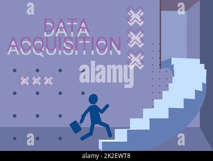 Acquisition de données d'affichage conceptuel. Business idée moyen d'obtenir des statistiques qui peuvent être manoeuvrés numériquement gentleman en costume courir vers le haut sur Un grand escalier montrant des progrès. Banque D'Images