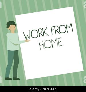 Légende de texte présentant le travail à domicile. Business Showcase travail de Home Man Standing dessin présentant un énorme papier blanc. Banque D'Images