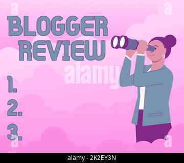 Écriture affichage de texte Blogger Review. Concept signifiant faire un réexamen critique et un résumé d'un blog femme regardant à travers le télescope portatif voir de nouvelles opportunités. Banque D'Images