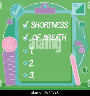 Texte indiquant l'essoufflement de l'inspiration. Aperçu de l'entreprise resserrement intense des voies aériennes causant des difficultés respiratoires mise en plan du presse-papiers avec liste de vérification marquée articles effectués sur la liste. Banque D'Images