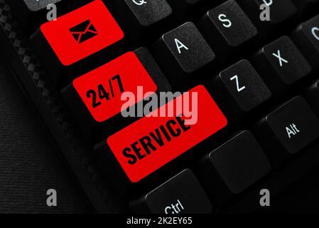 Texte montrant le service inspiration 24 or7. Mot pour fournir une assistance qui est disponible tout le temps Abstract dactylographiing Contrat de licence, création d'un livre de référence en ligne Banque D'Images