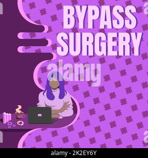 Écriture affichant le texte Bypass Surgery. Business vitrine type de chirurgie qui améliore le flux sanguin à la femme de coeur assis en utilisant l'ordinateur portable session en ligne discuter des derniers projets. Banque D'Images