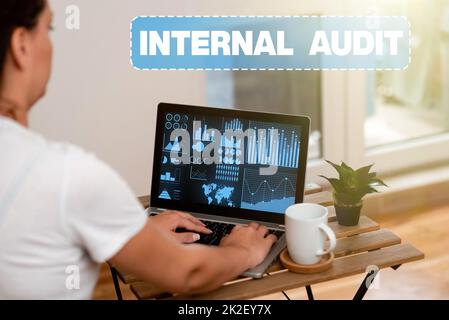 Légende conceptuelle Audit interne. La photo conceptuelle évalue l'efficacité des contrôles et des processus femme faisant du travail sur ordinateur portable à côté de l'usine et Mug travaillant à domicile. Banque D'Images