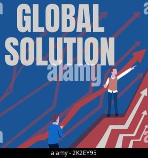 Affiche la solution globale. Concept signifiant faire face à une situation difficile qui peut aider les pays flèches guider deux hommes d'affaires collaborateurs vers un meilleur plan financier. Banque D'Images