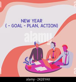 Rédaction affichant le texte Plan d'objectifs de la nouvelle année, action. Idée d'entreprise solution d'entreprise et planification avec motivation collègues dessin assis sur Un bureau avec ordinateur portable ayant une discussion. Banque D'Images