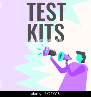 Inspiration montrant des kits de test de signe. Outils de concept d'affaires utilisés pour détecter la présence de quelque chose dans le corps d'homme d'affaires dessin tenant Une paire de mégaphones faisant une nouvelle annonce. Banque D'Images