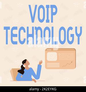 Légende conceptuelle VoIP Technology. Aperçu de la ligne de technologie VoIP dessin pour Lady assis présentant de nouvelles idées avec l'écran de navigateur Web Banque D'Images