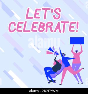 Légende de texte présentant Laissez S Celebrate. Internet concept partie ou autre événement social sur un jour ou occasion spécial femme dessin assis tenant Megaphone faire une annonce. Banque D'Images