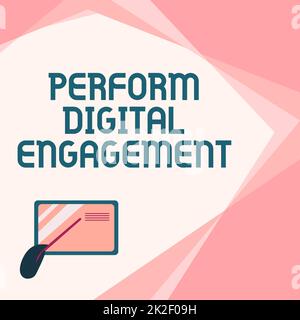 Légende présentant Perform Digital engagement. Mot écrit sur engager votre public avec la puissance du réseau social tirage de carte avec pointage à la main bâton à petits détails. Banque D'Images
