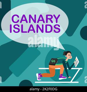 Légende conceptuelle Îles Canaries. Concept signification un groupe d'îles montagneuses dans l'océan Atlantique femme porte Briefcase lecture de journaux se préparer à commencer à investir. Banque D'Images