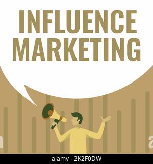 Inspiration montrant l'influence des signes Marketing. Concept signification l'utilisation de leaders clés pour conduire une marque est un message au marché Homme dessin tenant Megaphone avec grande bulle de discours montrant le message. Banque D'Images