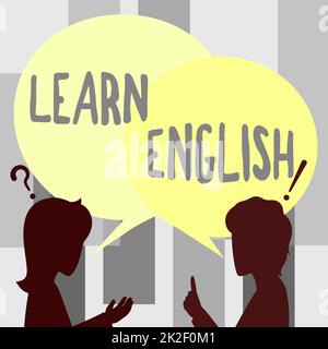 Texte montrant inspiration apprendre l'anglais. Présentation de l'entreprise langage universel communication facile et compréhension couple dessin avec le Chat Cloud parler entre eux partager des idées. Banque D'Images