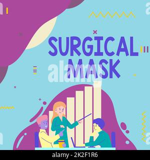 Texte montrant le masque chirurgical inspiration. Mot pour porté par les professionnels de la santé pendant la chirurgie et pendant les soins infirmiers Lady Drawing expliquant à son coéquipier les étapes du processus. Banque D'Images